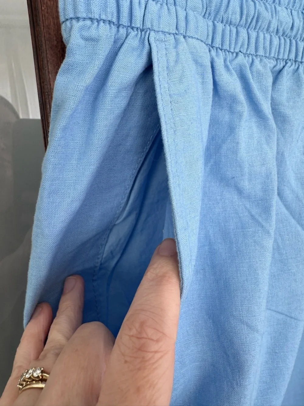 H&M Pants High Rise Wide Leg Linen‎ Blend Drawstring PANTS Women’s Blue Size L